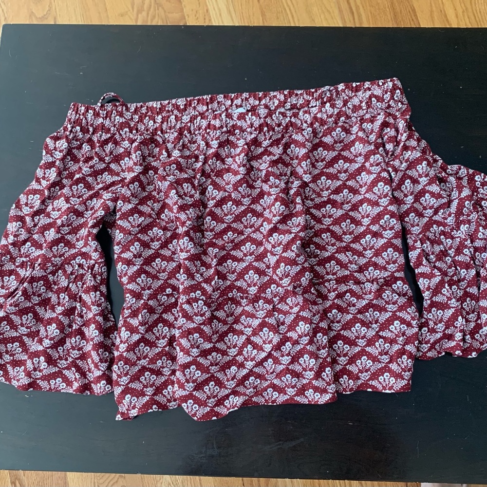 Likely Maroon and White floral off the shoulder crop top